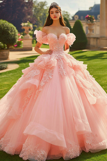 Pink Tulle Ball Gown Princess Long Quinceanera Dress with Ruffles